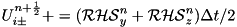 $ U^{n+\HALF}_{i\pm} += ({\cal RHS}^n_y + {\cal RHS}^n_z)\Delta t/2 $